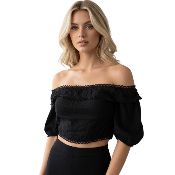 Lulus Tops - Lulus Black Off Shoulder Ruffle Cropped Puff Sleeve Top‎ Womens Size Small